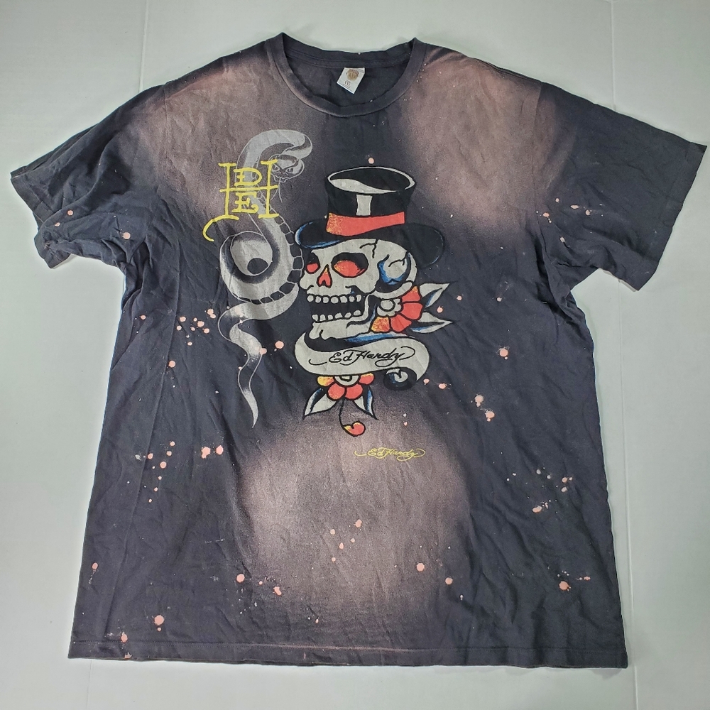 Ed Hardy Men’s XXL Black Short Sleeve T-Shirt Skull With Top Hat Snake